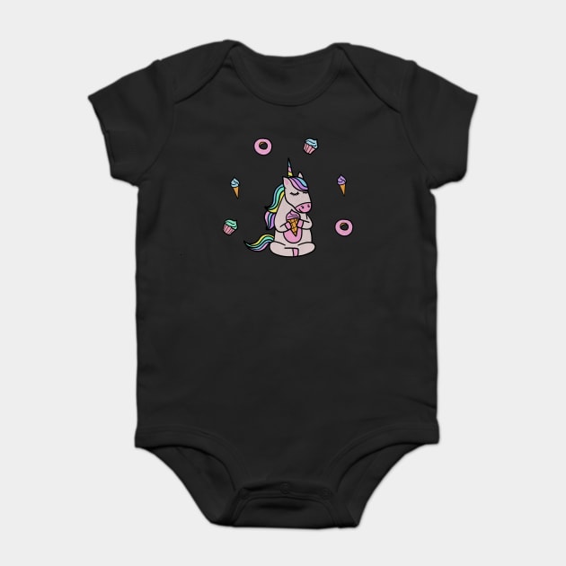 Cute Unicorn Yoga Meditating, Dessert Lover Baby Bodysuit by logiamerch